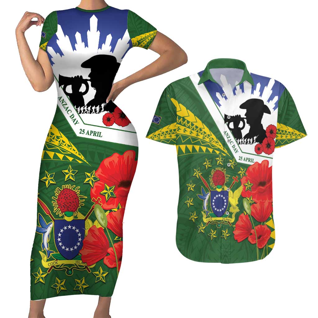 Cook Islands ANZAC Day Couples Matching Short Sleeve Bodycon Dress and Hawaiian Shirt Last Post Lest We Forget
