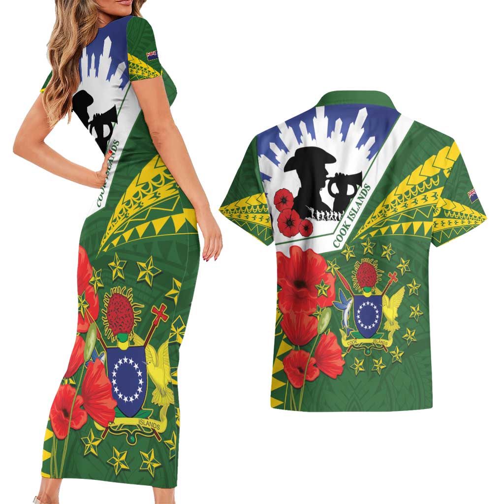 Cook Islands ANZAC Day Couples Matching Short Sleeve Bodycon Dress and Hawaiian Shirt Last Post Lest We Forget