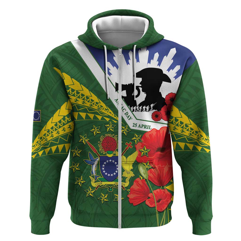 Cook Islands ANZAC Day Hoodie Last Post Lest We Forget LT14 Zip Hoodie Green - Polynesian Pride