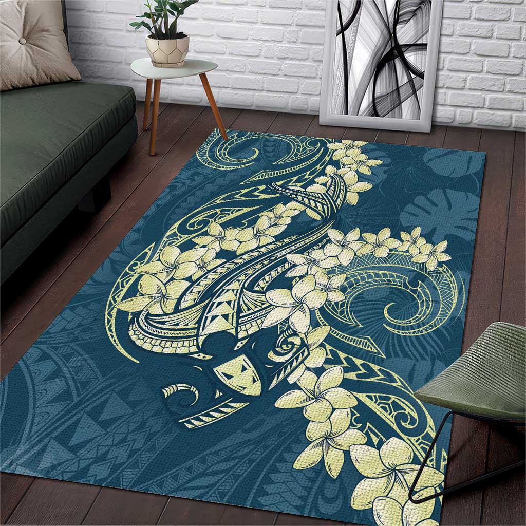 Cyan Polynesia Hammerhead Shark Tattoo With Plumeria Lei Area Rug LT14 Cyan - Polynesian Pride