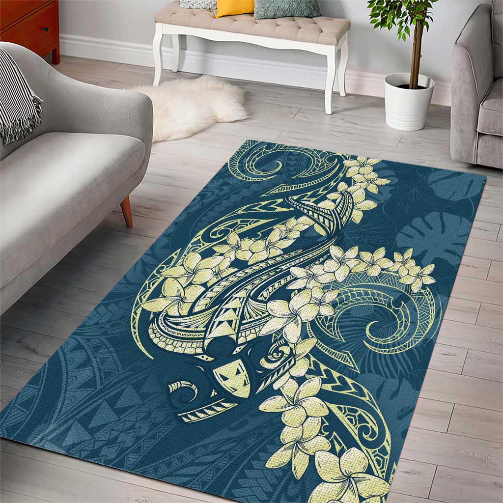 Cyan Polynesia Hammerhead Shark Tattoo With Plumeria Lei Area Rug LT14 - Polynesian Pride