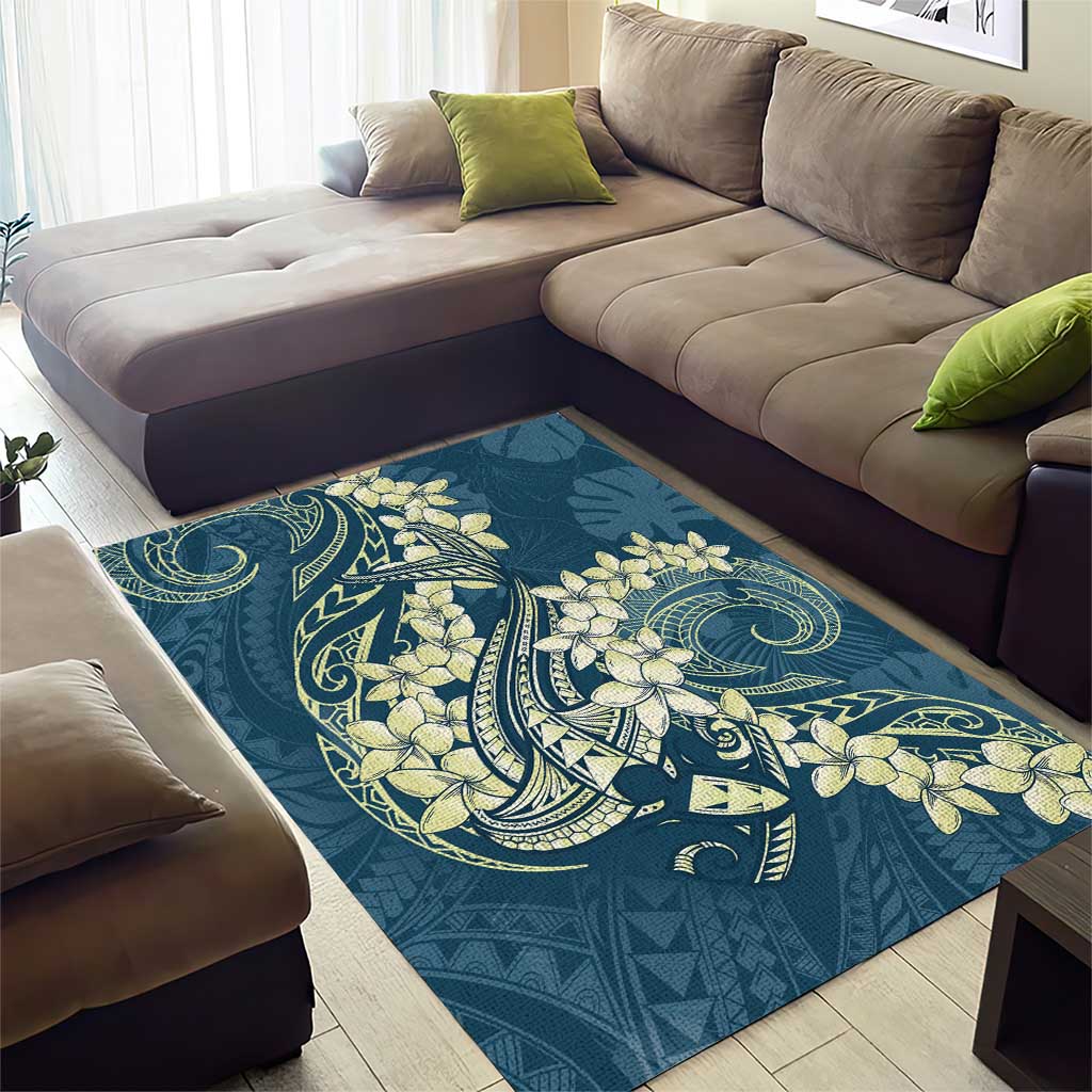 Cyan Polynesia Hammerhead Shark Tattoo With Plumeria Lei Area Rug LT14 - Polynesian Pride