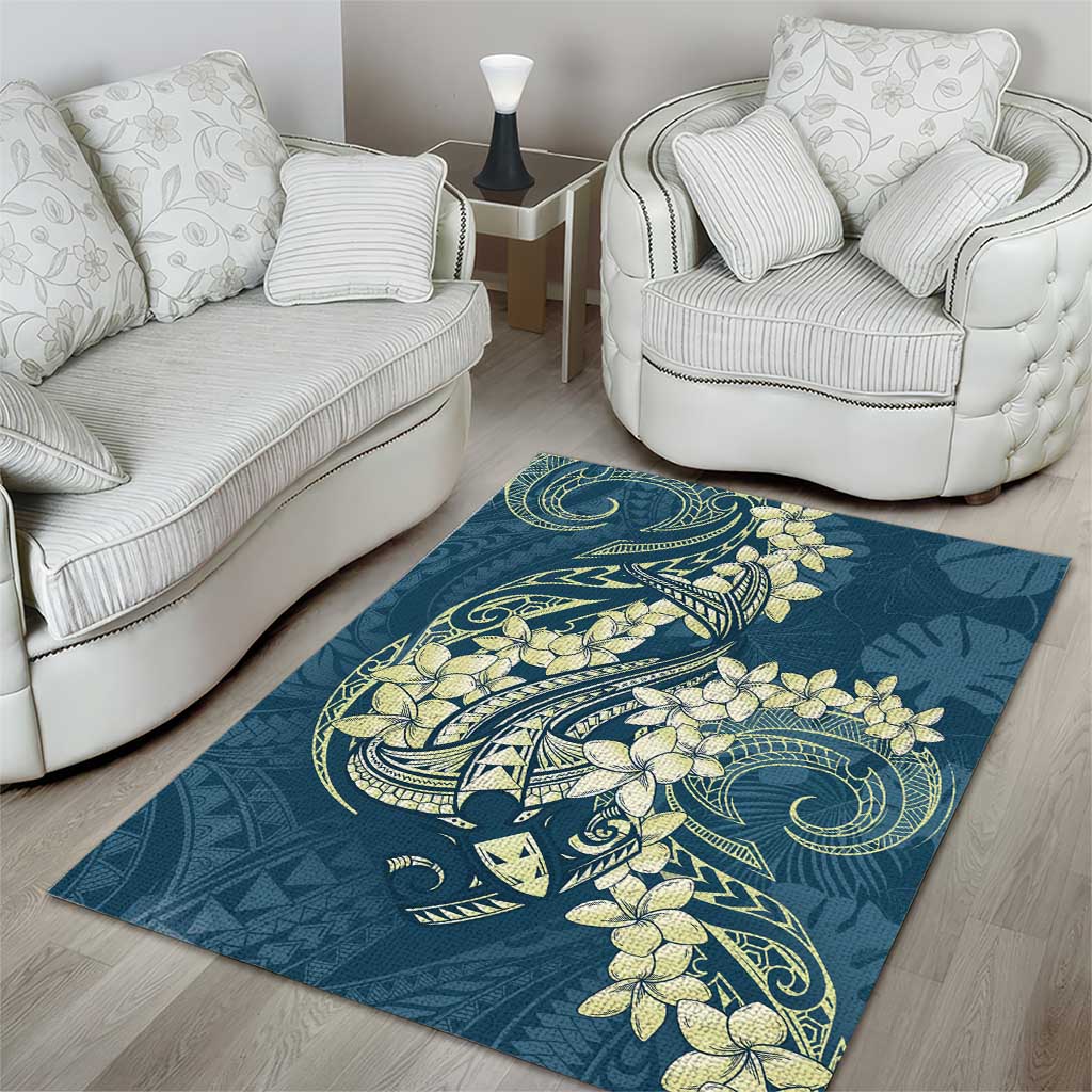 Cyan Polynesia Hammerhead Shark Tattoo With Plumeria Lei Area Rug LT14 - Polynesian Pride