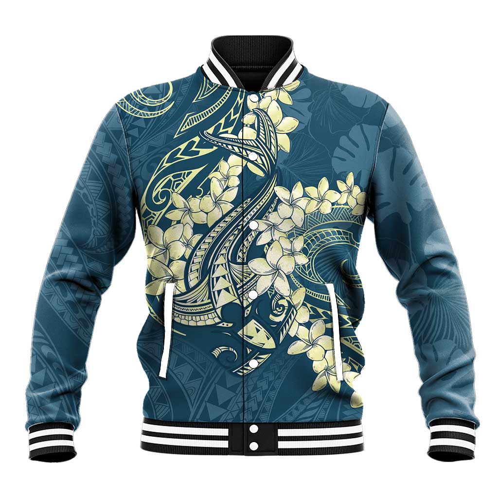 Cyan Polynesia Hammerhead Shark Tattoo With Plumeria Lei Baseball Jacket