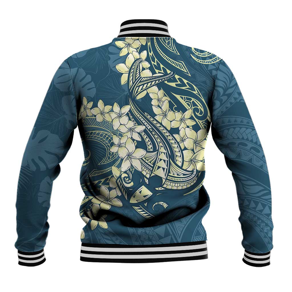 Cyan Polynesia Hammerhead Shark Tattoo With Plumeria Lei Baseball Jacket