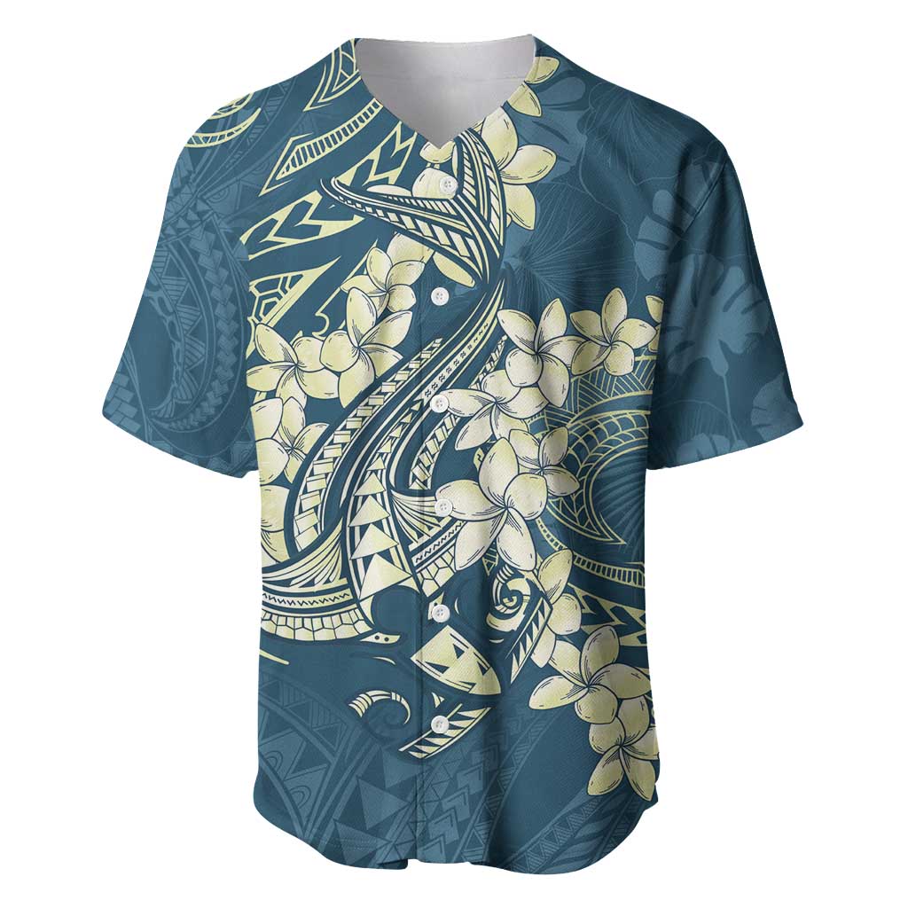 Cyan Polynesia Hammerhead Shark Tattoo With Plumeria Lei Baseball Jersey LT14 Cyan - Polynesian Pride
