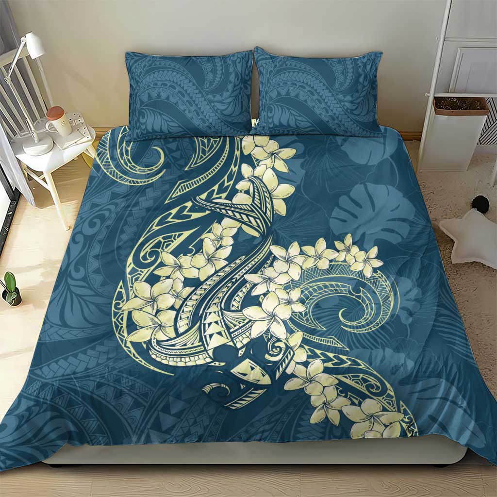 Cyan Polynesia Hammerhead Shark Tattoo With Plumeria Lei Bedding Set