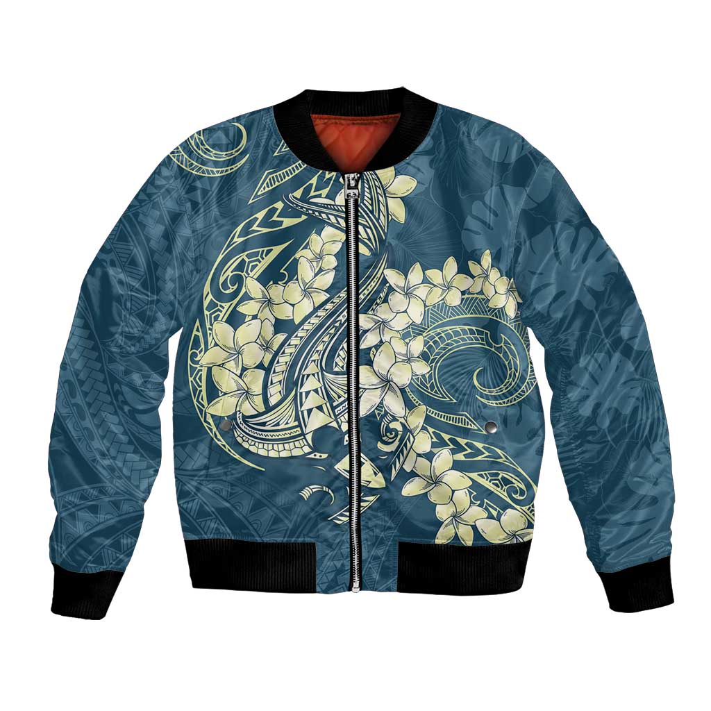 Cyan Polynesia Hammerhead Shark Tattoo With Plumeria Lei Bomber Jacket LT14 Unisex Cyan - Polynesian Pride
