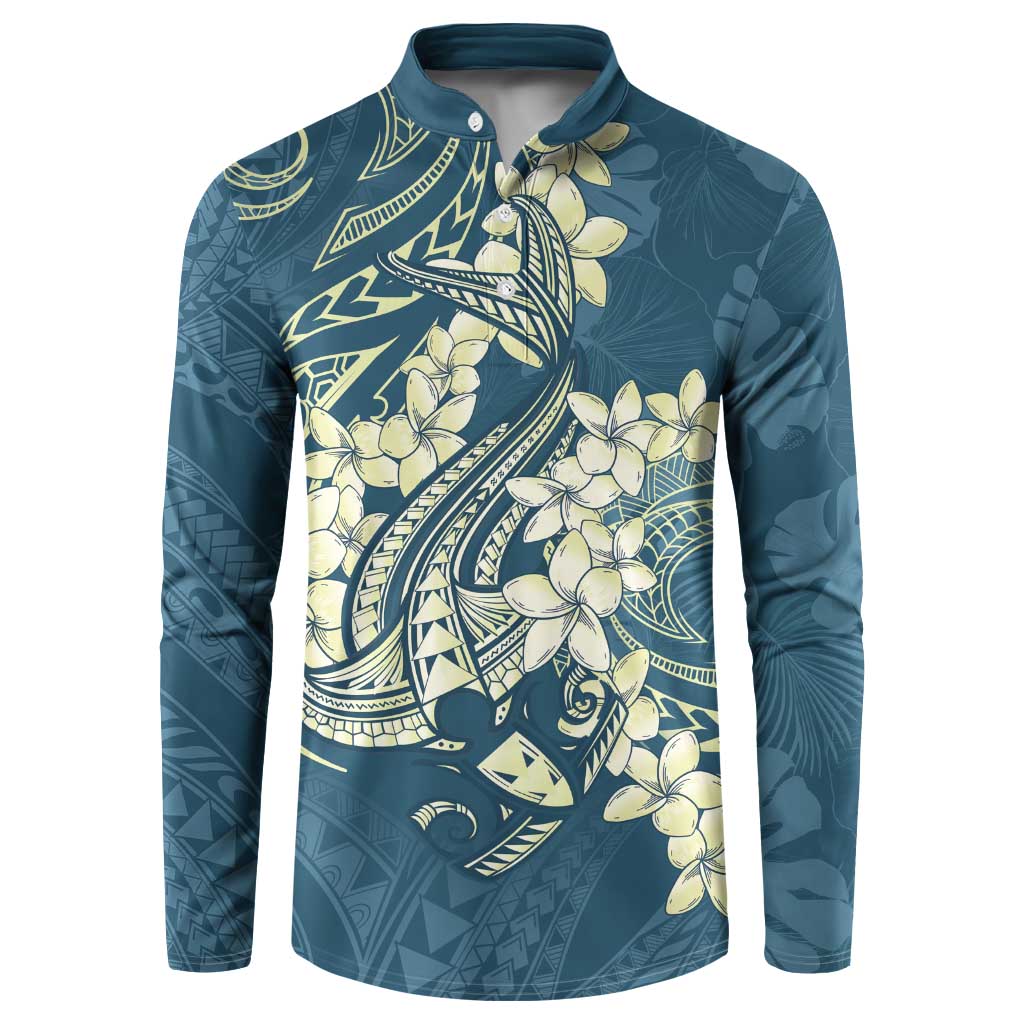 Cyan Polynesia Hammerhead Shark Tattoo With Plumeria Lei Button Sweatshirt LT14 Cyan - Polynesian Pride