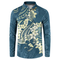 Cyan Polynesia Hammerhead Shark Tattoo With Plumeria Lei Button Sweatshirt
