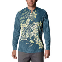 Cyan Polynesia Hammerhead Shark Tattoo With Plumeria Lei Button Sweatshirt
