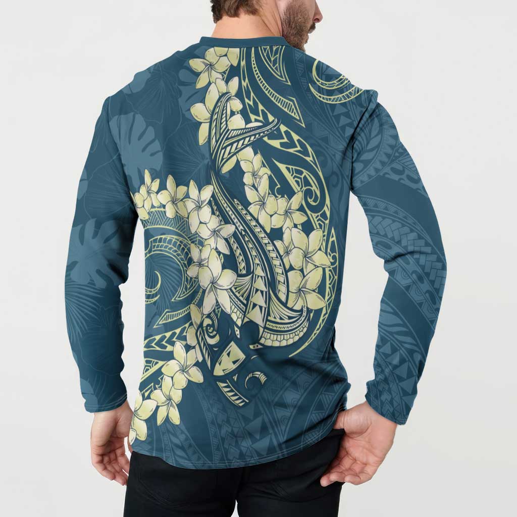 Cyan Polynesia Hammerhead Shark Tattoo With Plumeria Lei Button Sweatshirt