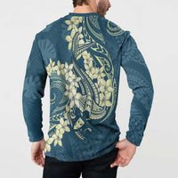 Cyan Polynesia Hammerhead Shark Tattoo With Plumeria Lei Button Sweatshirt