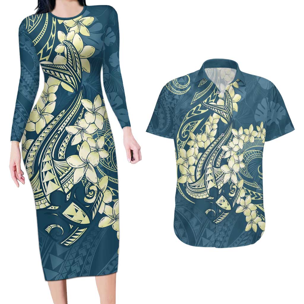 Cyan Polynesia Hammerhead Shark Tattoo With Plumeria Lei Couples Matching Long Sleeve Bodycon Dress and Hawaiian Shirt