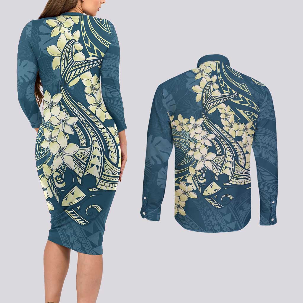 Cyan Polynesia Hammerhead Shark Tattoo With Plumeria Lei Couples Matching Long Sleeve Bodycon Dress and Long Sleeve Button Shirt LT14 - Polynesian Pride