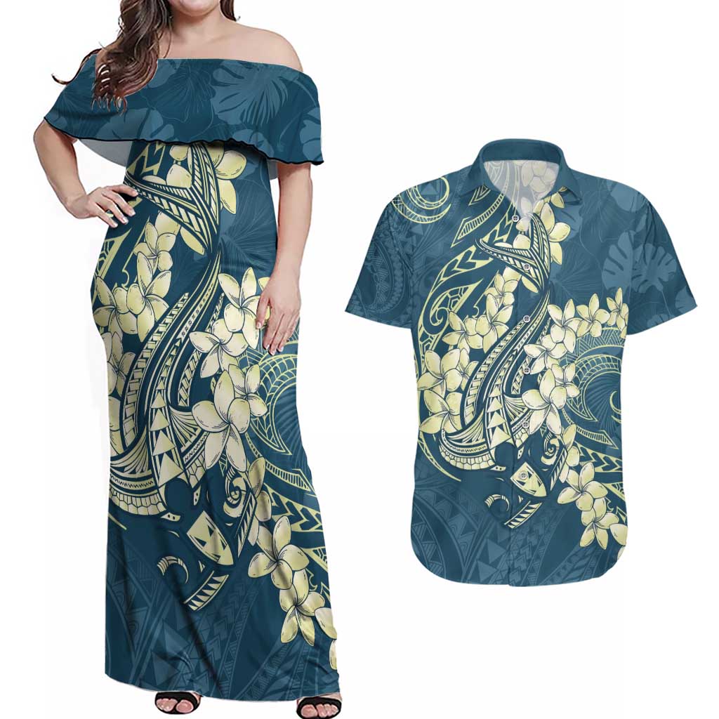 Cyan Polynesia Hammerhead Shark Tattoo With Plumeria Lei Couples Matching Off Shoulder Maxi Dress and Hawaiian Shirt