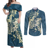 Cyan Polynesia Hammerhead Shark Tattoo With Plumeria Lei Couples Matching Off Shoulder Maxi Dress and Long Sleeve Button Shirt LT14 Cyan - Polynesian Pride