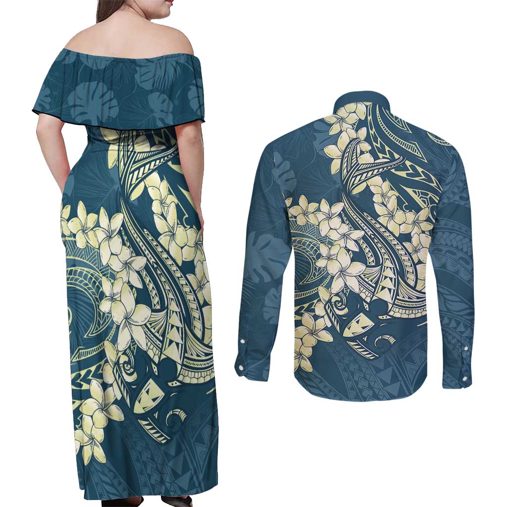 Cyan Polynesia Hammerhead Shark Tattoo With Plumeria Lei Couples Matching Off Shoulder Maxi Dress and Long Sleeve Button Shirt LT14 - Polynesian Pride