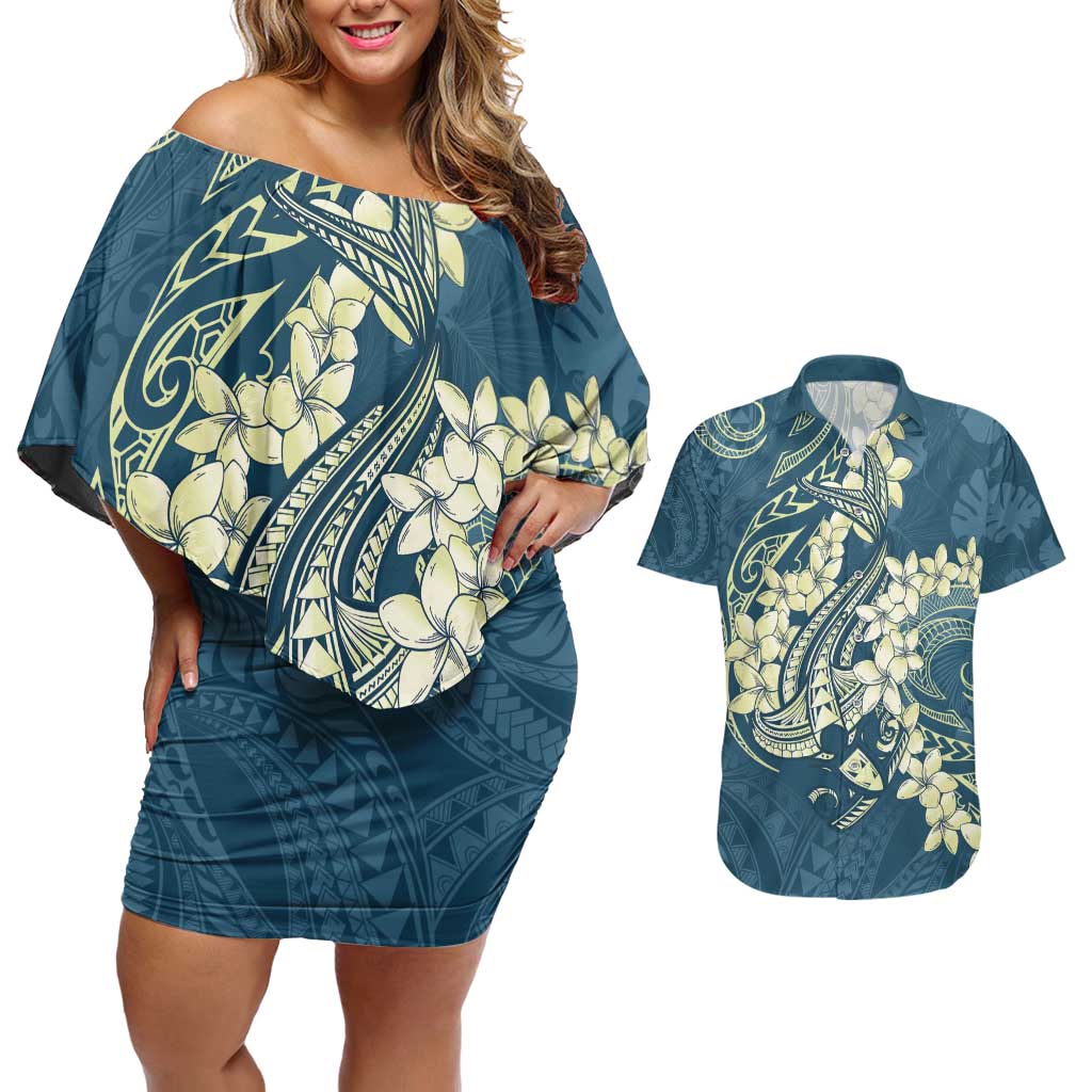 Cyan Polynesia Hammerhead Shark Tattoo With Plumeria Lei Couples Matching Off Shoulder Short Dress and Hawaiian Shirt