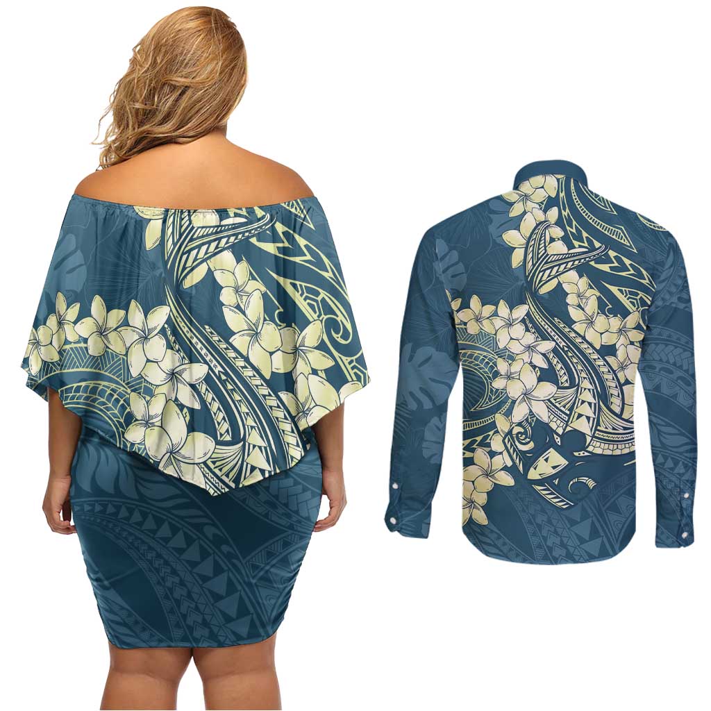 Cyan Polynesia Hammerhead Shark Tattoo With Plumeria Lei Couples Matching Off Shoulder Short Dress and Long Sleeve Button Shirt LT14 - Polynesian Pride