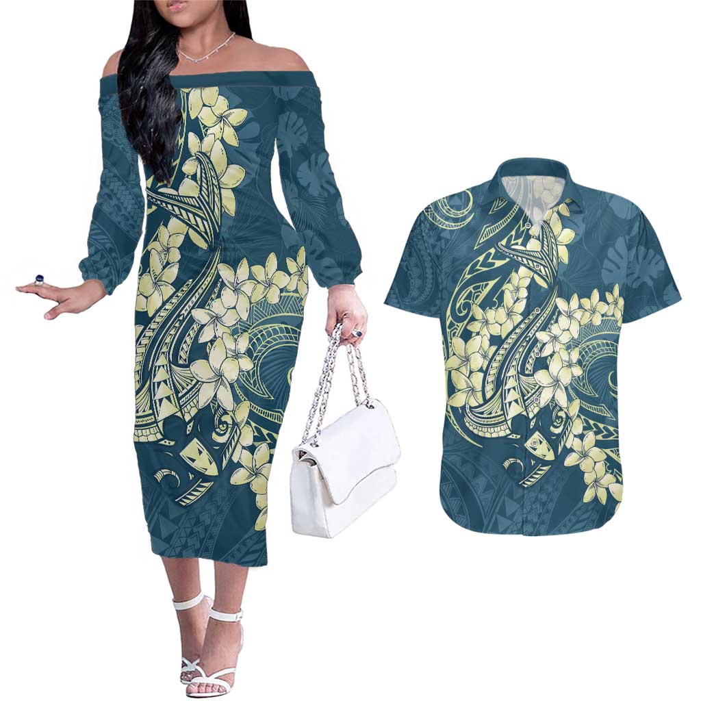 Cyan Polynesia Hammerhead Shark Tattoo With Plumeria Lei Couples Matching Off The Shoulder Long Sleeve Dress and Hawaiian Shirt
