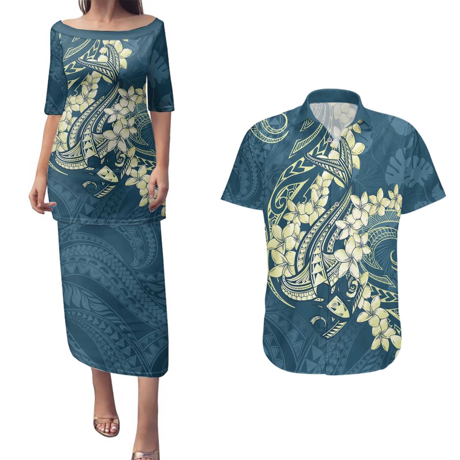 Cyan Polynesia Hammerhead Shark Tattoo With Plumeria Lei Couples Matching Puletasi and Hawaiian Shirt