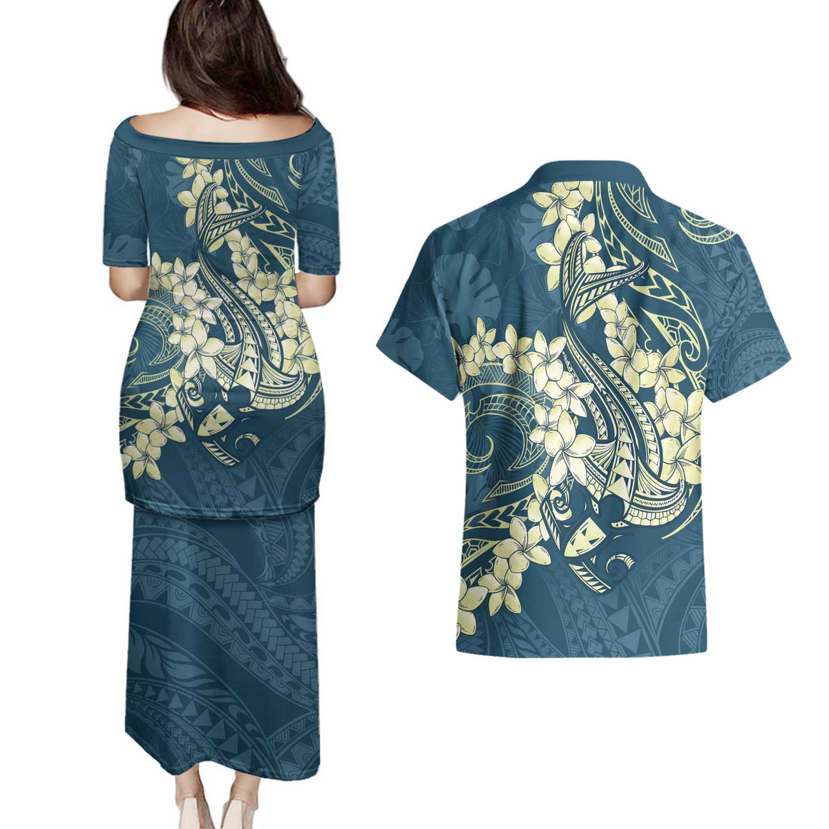 Cyan Polynesia Hammerhead Shark Tattoo With Plumeria Lei Couples Matching Puletasi and Hawaiian Shirt LT14 - Polynesian Pride