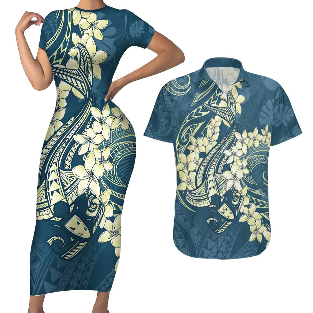 Cyan Polynesia Hammerhead Shark Tattoo With Plumeria Lei Couples Matching Short Sleeve Bodycon Dress and Hawaiian Shirt