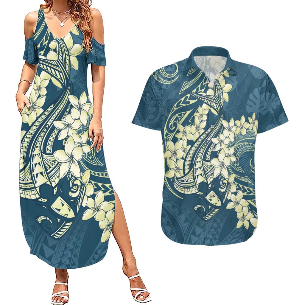 Cyan Polynesia Hammerhead Shark Tattoo With Plumeria Lei Couples Matching Summer Maxi Dress and Hawaiian Shirt