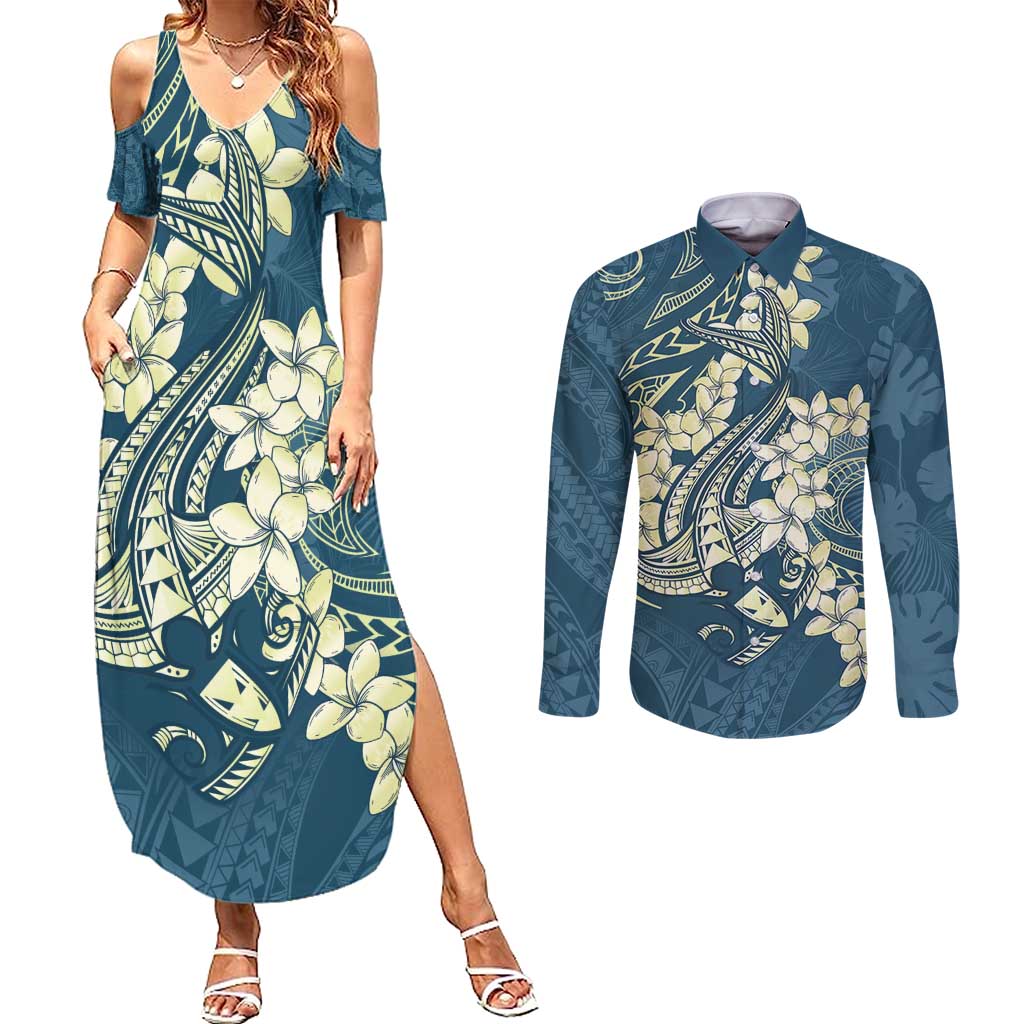 Cyan Polynesia Hammerhead Shark Tattoo With Plumeria Lei Couples Matching Summer Maxi Dress and Long Sleeve Button Shirt LT14 Cyan - Polynesian Pride