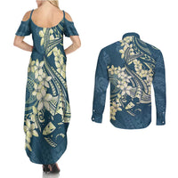 Cyan Polynesia Hammerhead Shark Tattoo With Plumeria Lei Couples Matching Summer Maxi Dress and Long Sleeve Button Shirt LT14 - Polynesian Pride