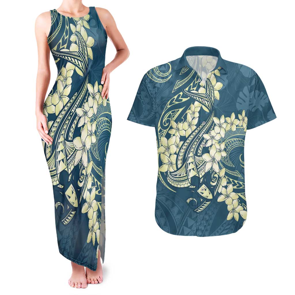 Cyan Polynesia Hammerhead Shark Tattoo With Plumeria Lei Couples Matching Tank Maxi Dress and Hawaiian Shirt