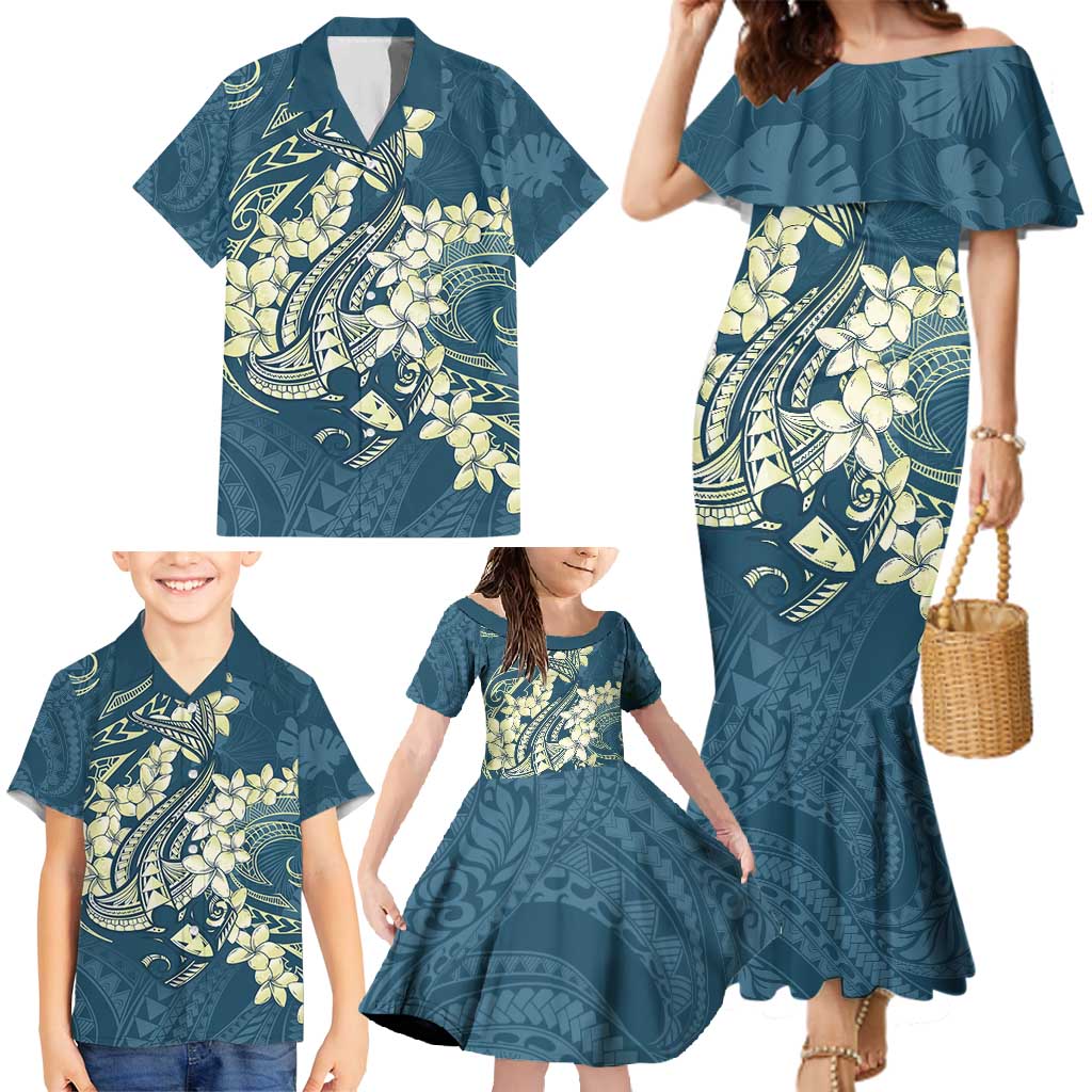 Cyan Polynesia Hammerhead Shark Tattoo With Plumeria Lei Family Matching Mermaid Dress and Hawaiian Shirt LT14 - Polynesian Pride