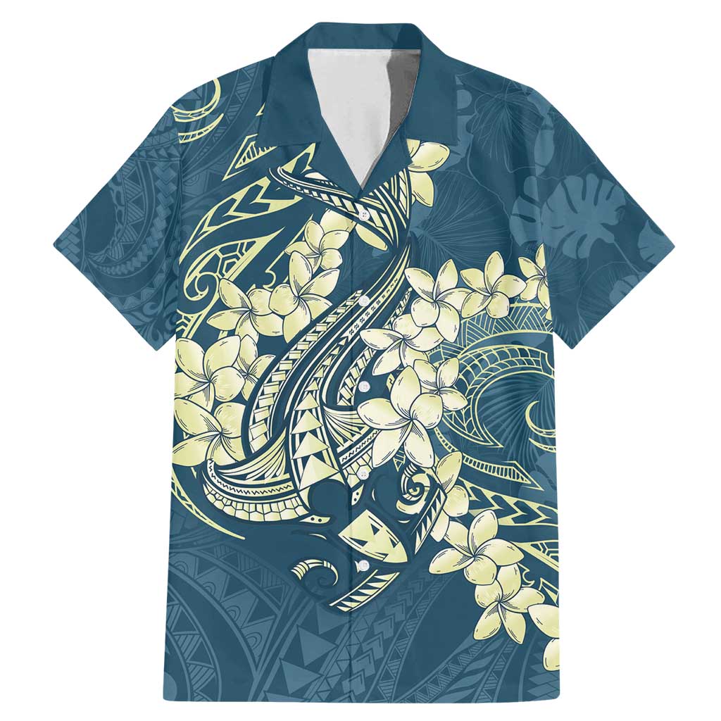 Cyan Polynesia Hammerhead Shark Tattoo With Plumeria Lei Family Matching Mermaid Dress and Hawaiian Shirt LT14 Dad's Shirt - Short Sleeve Cyan - Polynesian Pride