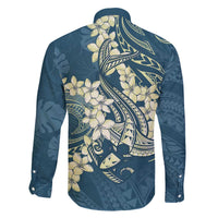 Cyan Polynesia Hammerhead Shark Tattoo With Plumeria Lei Family Matching Off The Shoulder Long Sleeve Dress and Hawaiian Shirt