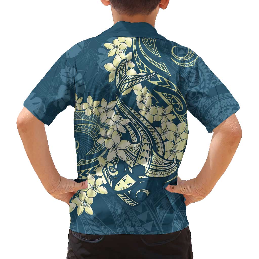 Cyan Polynesia Hammerhead Shark Tattoo With Plumeria Lei Family Matching Off Shoulder Maxi Dress and Hawaiian Shirt