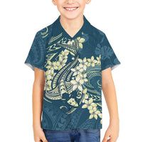 Cyan Polynesia Hammerhead Shark Tattoo With Plumeria Lei Family Matching Off Shoulder Maxi Dress and Hawaiian Shirt