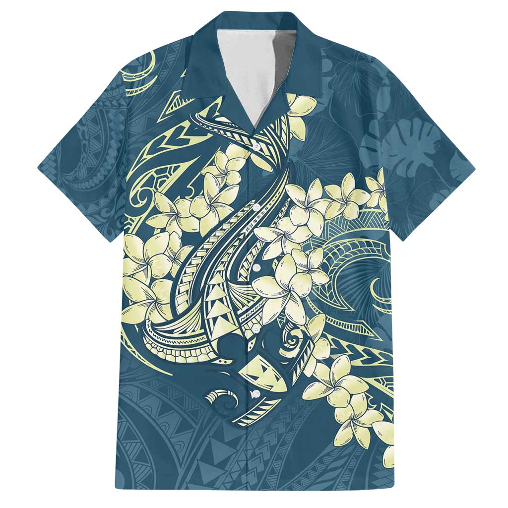 Cyan Polynesia Hammerhead Shark Tattoo With Plumeria Lei Family Matching Off Shoulder Short Dress and Hawaiian Shirt