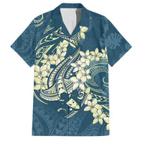 Cyan Polynesia Hammerhead Shark Tattoo With Plumeria Lei Family Matching Off Shoulder Short Dress and Hawaiian Shirt