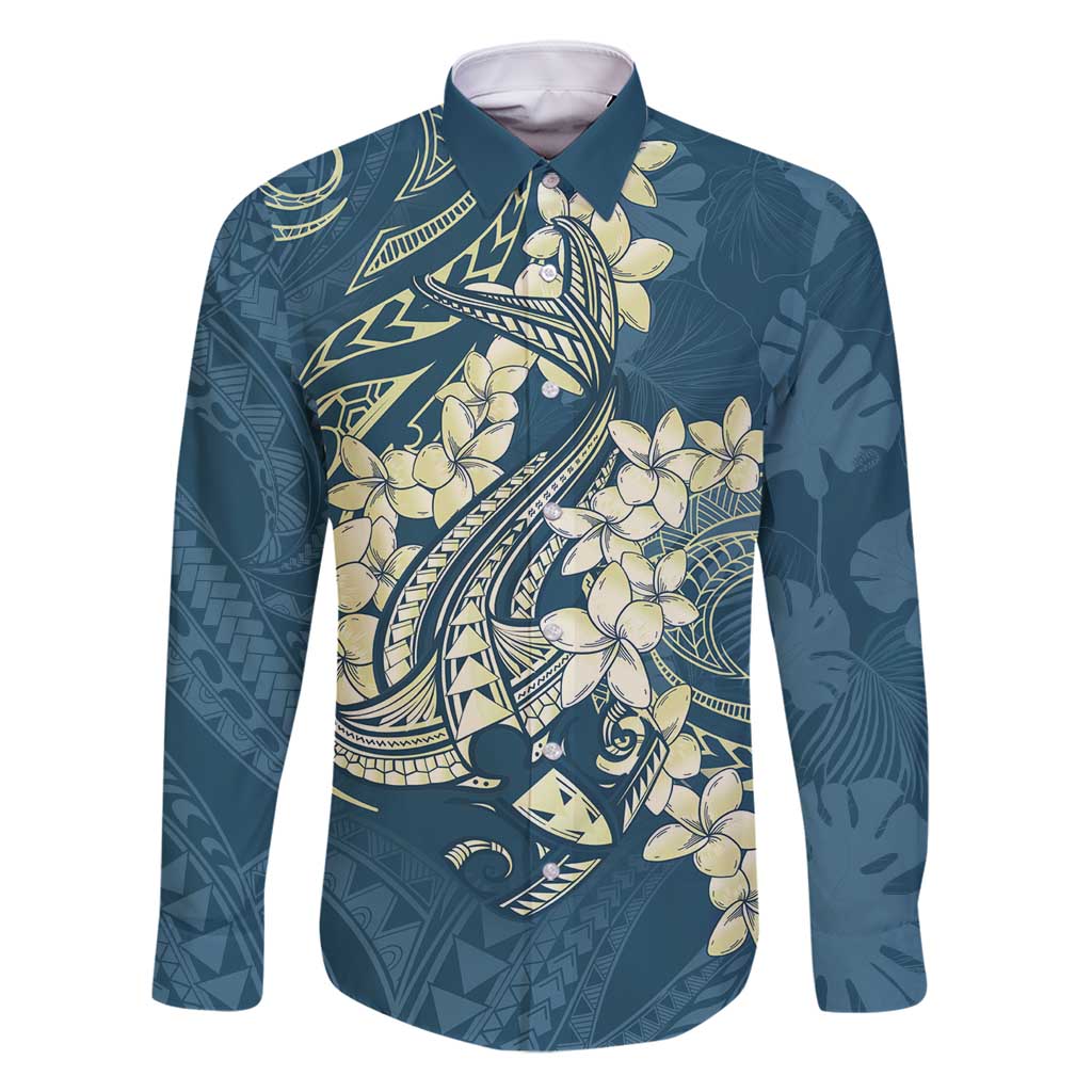 Cyan Polynesia Hammerhead Shark Tattoo With Plumeria Lei Family Matching Off Shoulder Short Dress and Hawaiian Shirt