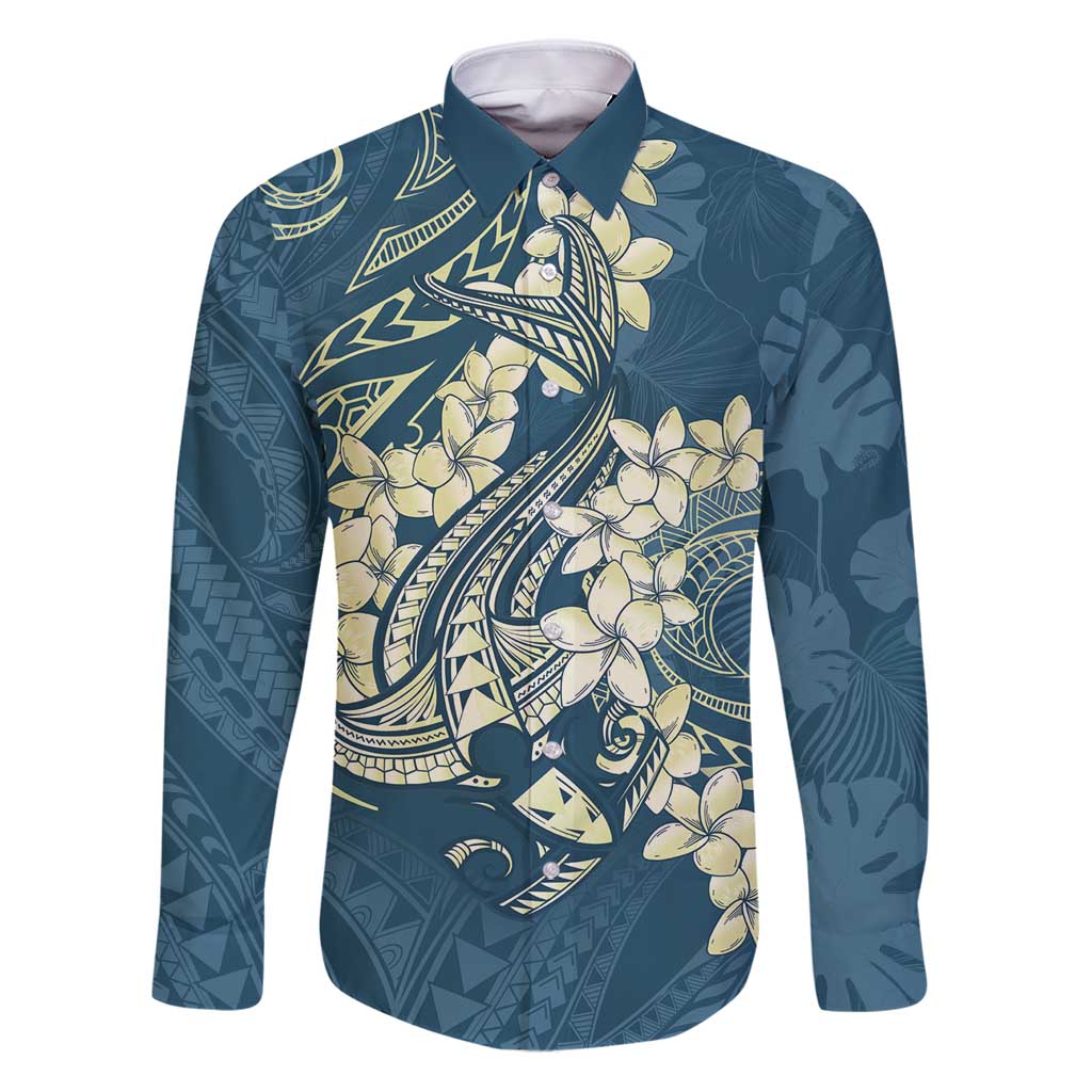 Cyan Polynesia Hammerhead Shark Tattoo With Plumeria Lei Family Matching Puletasi and Hawaiian Shirt