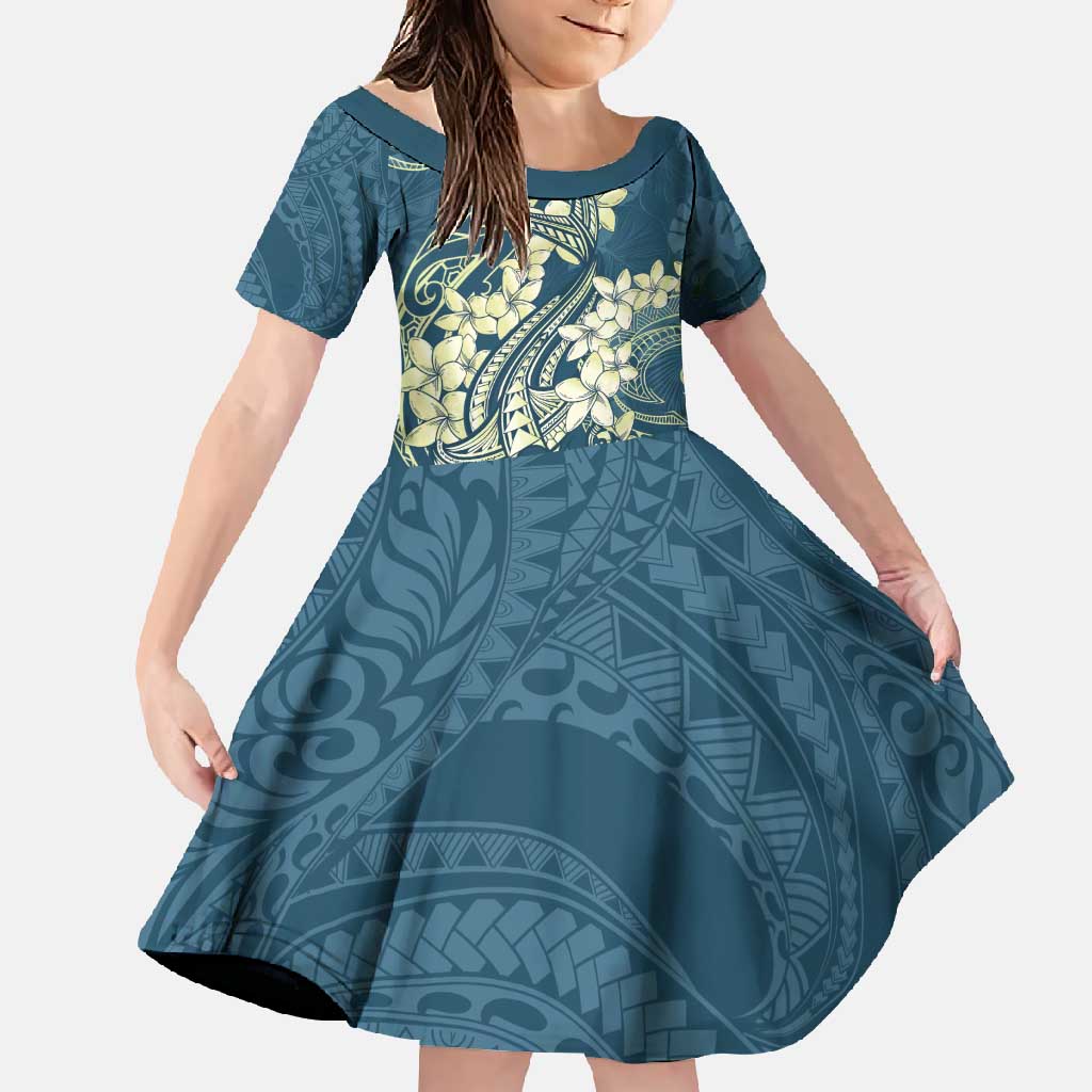 Cyan Polynesia Hammerhead Shark Tattoo With Plumeria Lei Family Matching Short Sleeve Bodycon Dress and Hawaiian Shirt LT14 Daughter's Dress Cyan - Polynesian Pride