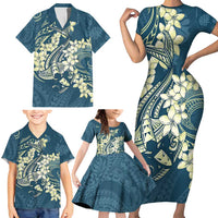 Cyan Polynesia Hammerhead Shark Tattoo With Plumeria Lei Family Matching Short Sleeve Bodycon Dress and Hawaiian Shirt LT14 - Polynesian Pride