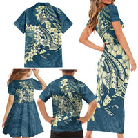 Cyan Polynesia Hammerhead Shark Tattoo With Plumeria Lei Family Matching Short Sleeve Bodycon Dress and Hawaiian Shirt LT14 - Polynesian Pride