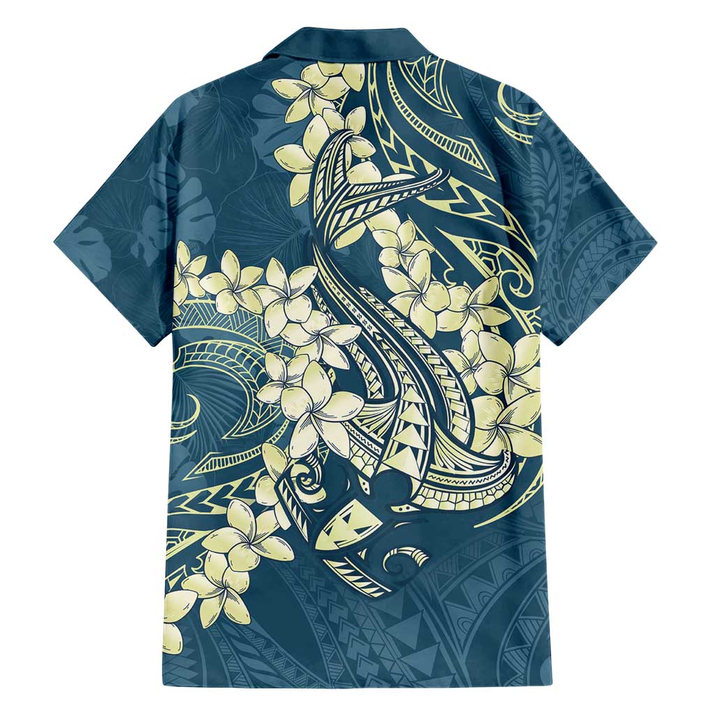 Cyan Polynesia Hammerhead Shark Tattoo With Plumeria Lei Hawaiian Shirt
