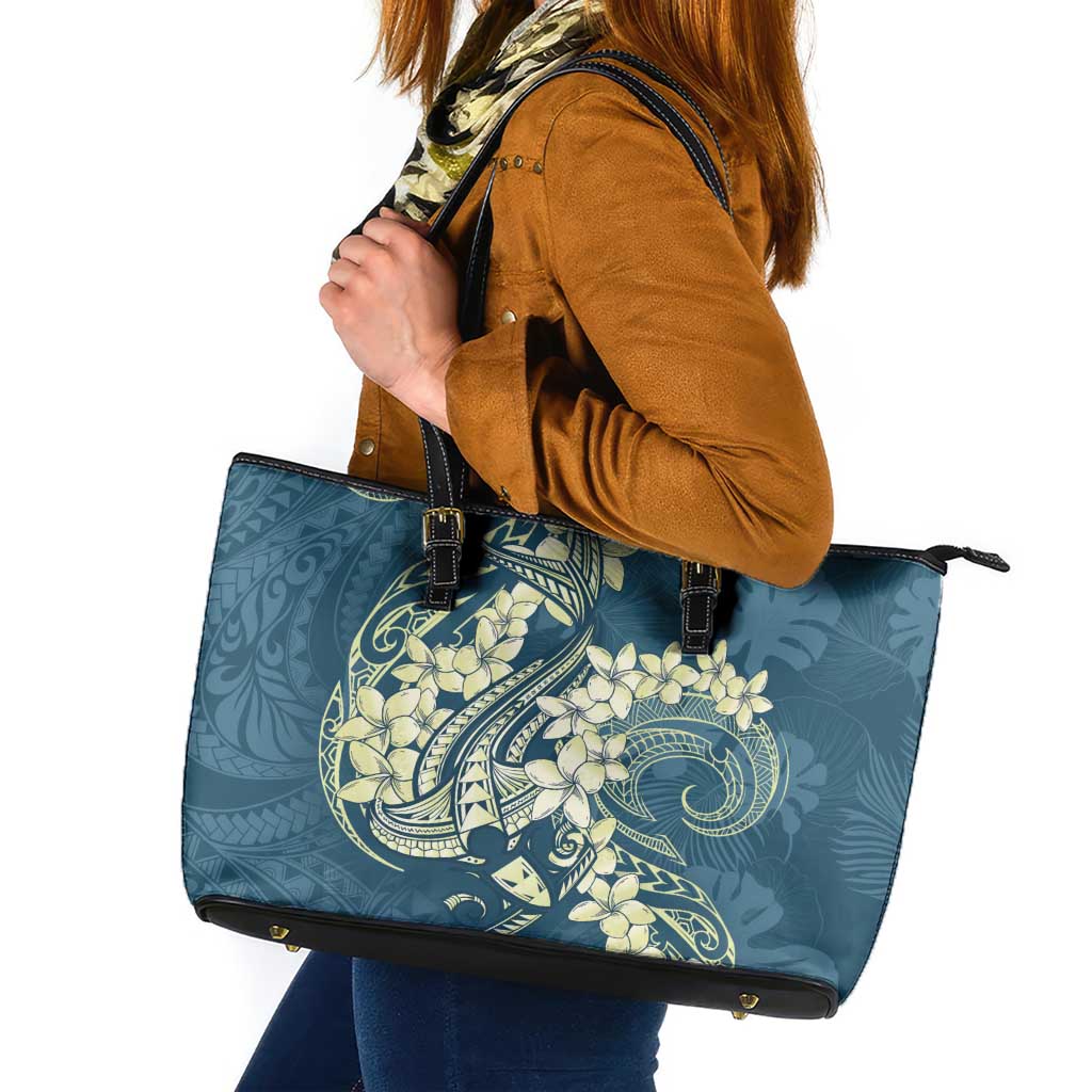 Cyan Polynesia Hammerhead Shark Tattoo With Plumeria Lei Leather Tote Bag LT14 Cyan - Polynesian Pride