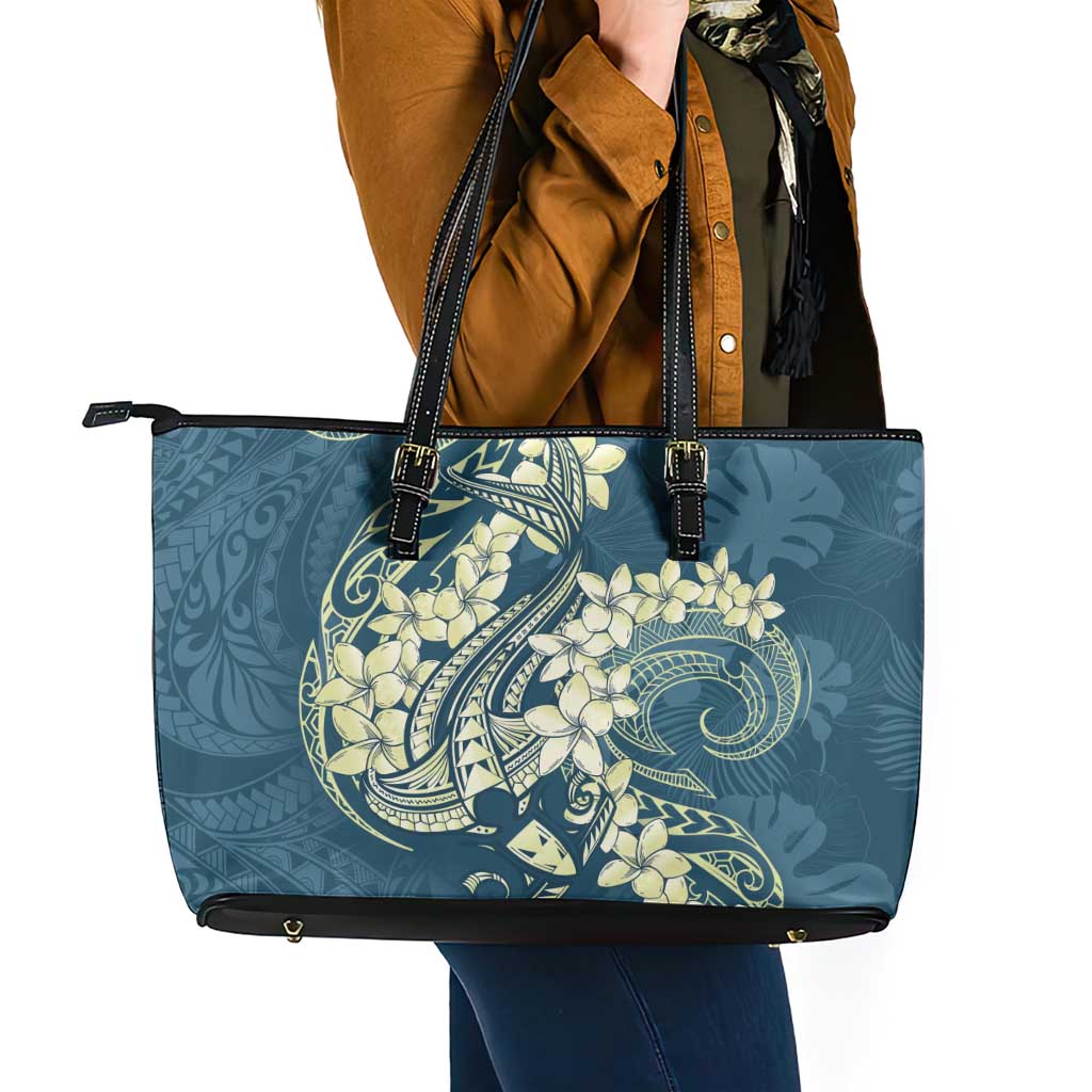Cyan Polynesia Hammerhead Shark Tattoo With Plumeria Lei Leather Tote Bag LT14 - Polynesian Pride