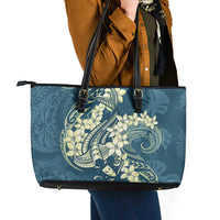 Cyan Polynesia Hammerhead Shark Tattoo With Plumeria Lei Leather Tote Bag LT14 - Polynesian Pride