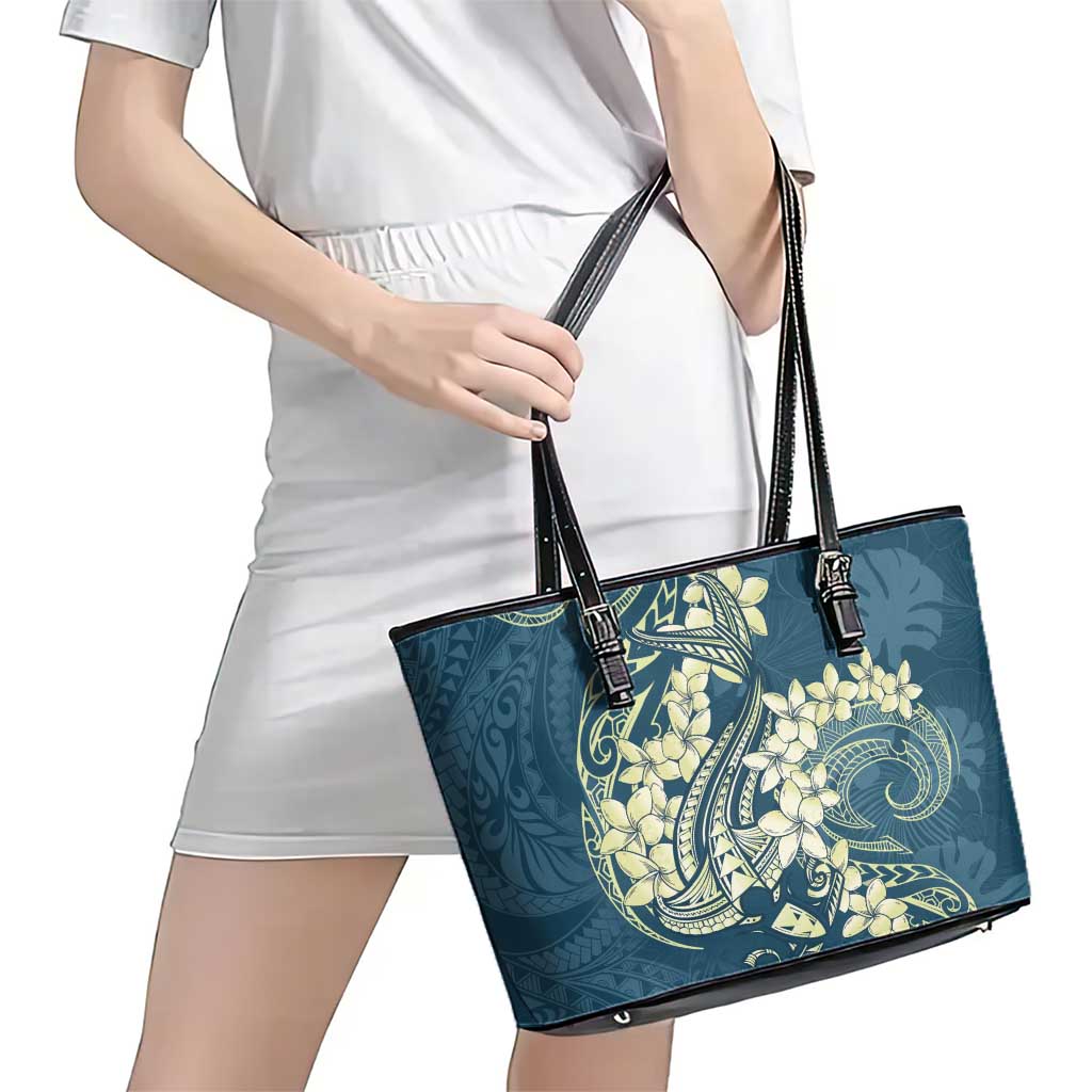 Cyan Polynesia Hammerhead Shark Tattoo With Plumeria Lei Leather Tote Bag LT14 - Polynesian Pride