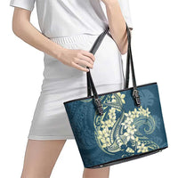 Cyan Polynesia Hammerhead Shark Tattoo With Plumeria Lei Leather Tote Bag LT14 - Polynesian Pride